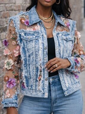 Adore Blue Denim Jacket with Multicolor Floral Embroidery